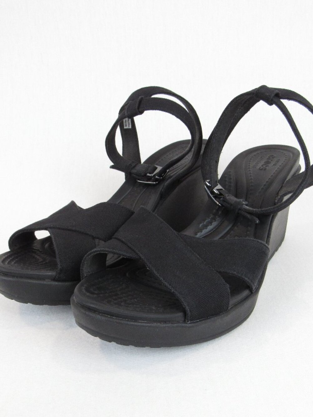 Crocs Leigh II Cross Strap Wedge Sandals Women's 10 Black Canvas Ankle Strap